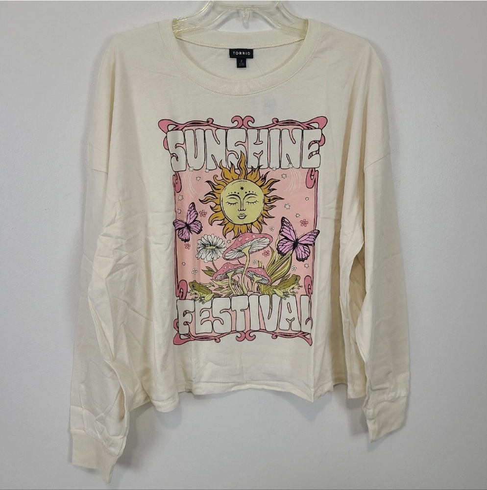 Torrid Size 2 2X Sunshine Festival Long Sleeve 100% Cotton Cream Crop Top NWT